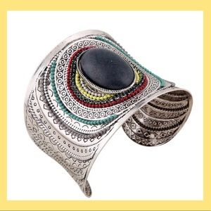 SILVER BEADED BOHO WIDE CUFF BANGLE BRACELET